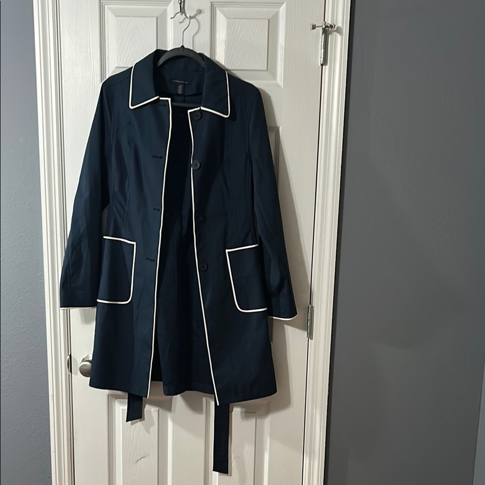 Kenneth Cole New York Blue and Cream Trimmed Trench Coat with Notched Collar